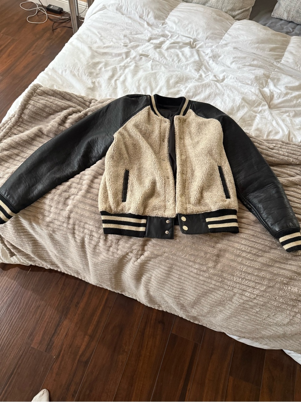 MOTHER Sherpa Bomber Jacket in Cream and Black - Picture 2 of 3